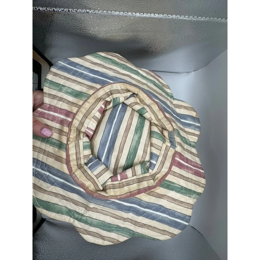Vintage Scalloped Brim Bucket Hat Multi Color Striped Canvas Sun Hat Earth Tones